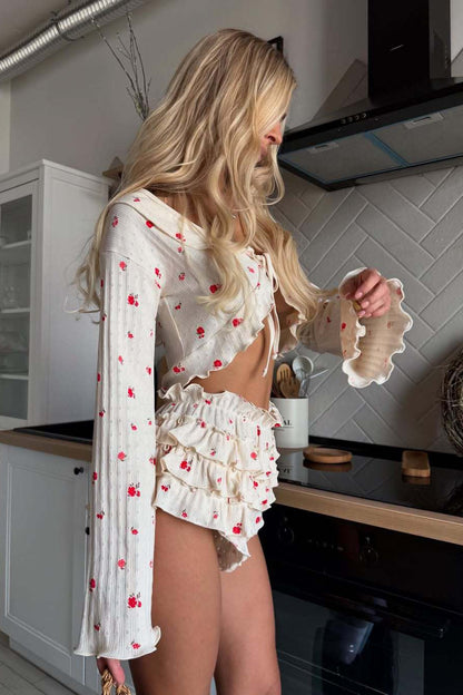 Knitted Short Long Sleeve Shorts Loungewear Two Piece Set