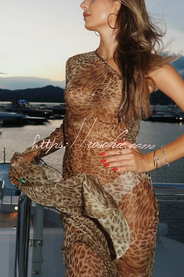 Leopard Print One Sleeve See-through Fit Maxi Dress