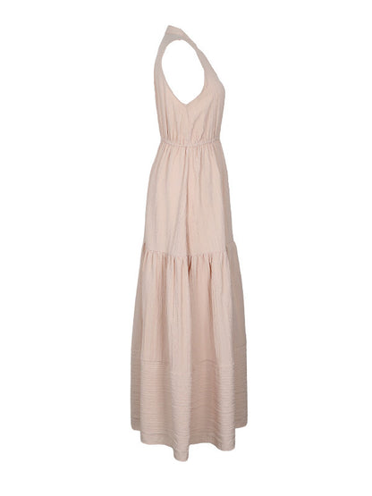A-line High Waisted Buttoned Elasticity Pleated Split-joint V-neck Midi Dresses