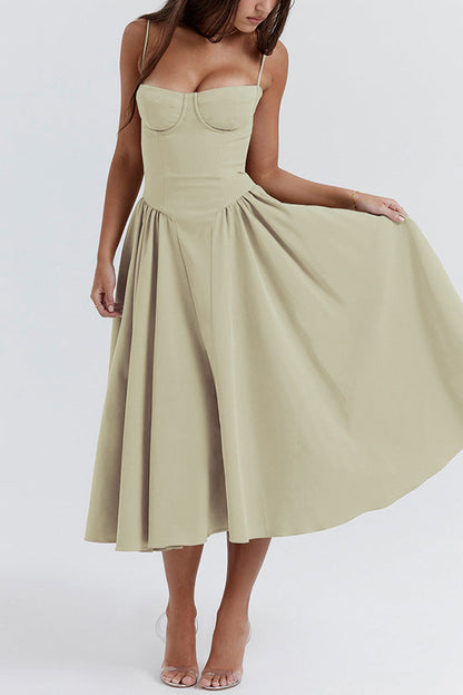 Color Slim Fit Suspender Pocket Midi Dress