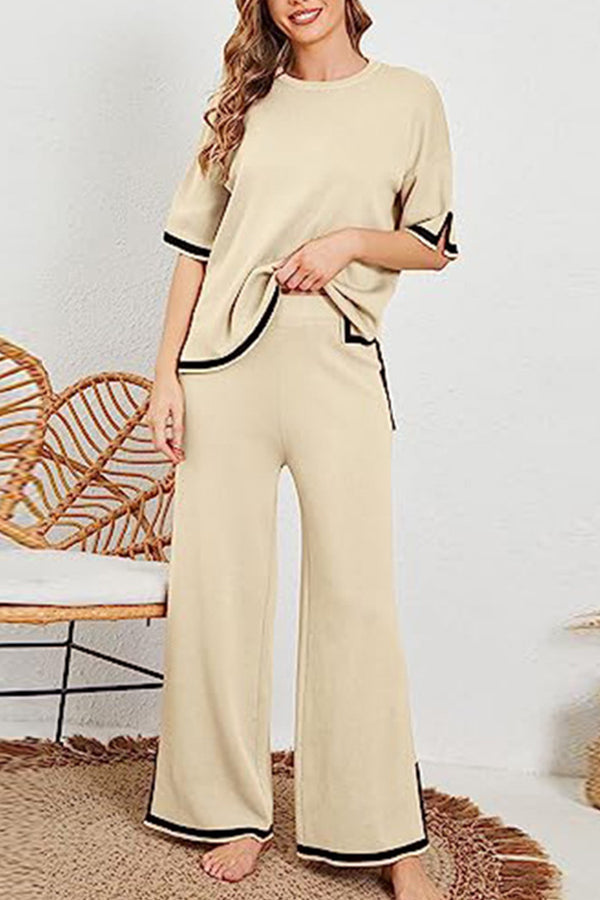 Lounge or Wear Knit Patchwork Color Block Short Sleeve Top and Elastic Wide Leg Pants