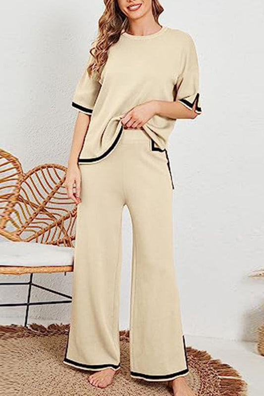 Lounge or Wear Knit Patchwork Color Block Short Sleeve Top and Elastic Wide Leg Pants