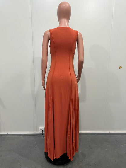 Sleeveless Color Split-joint U-neck Maxi Dresses