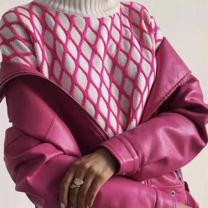 Striped Knitted Sweater Slim Loose Turtleneck ’s Tops Autumn Sport Pullover Woman High Neck