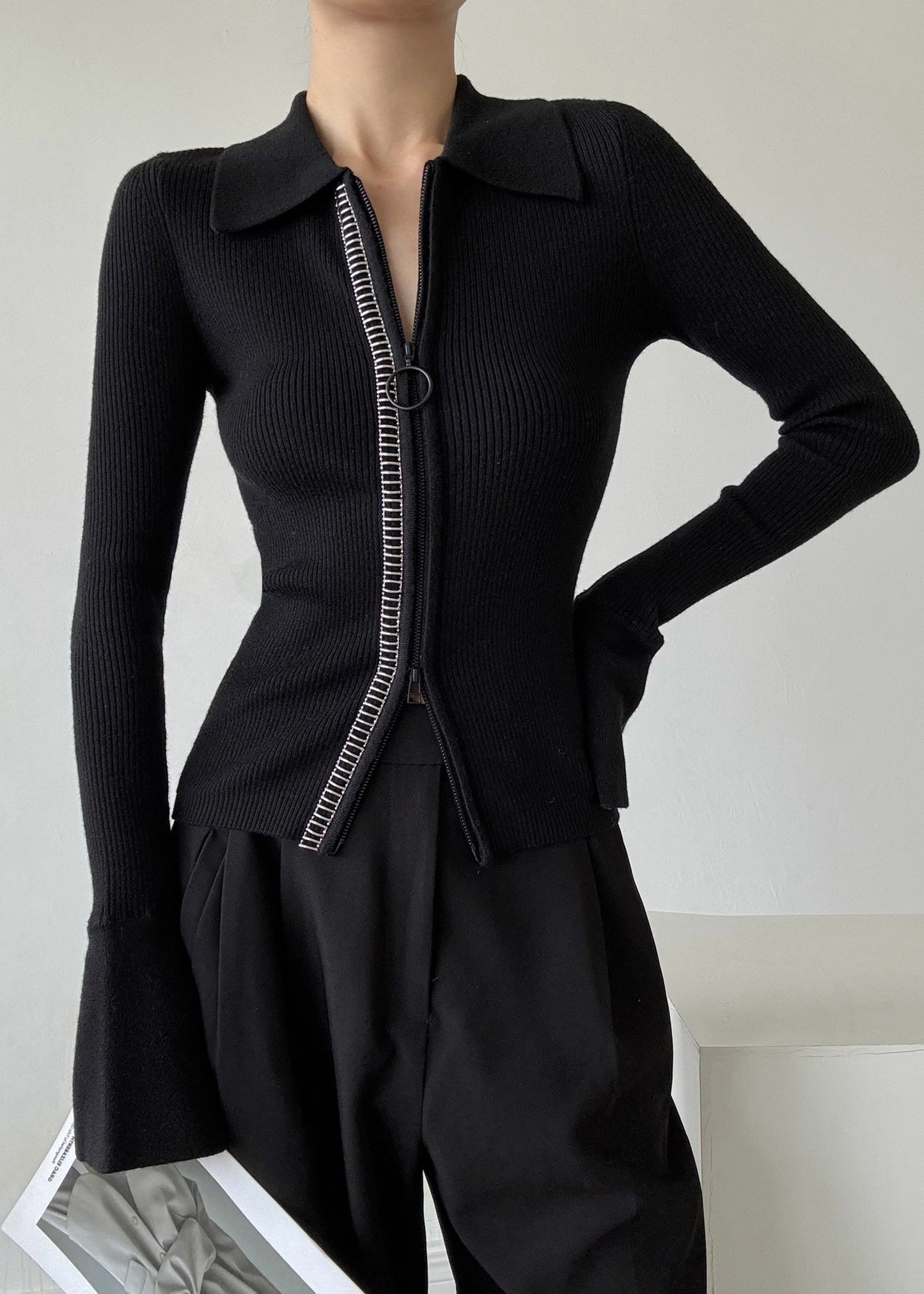 Italian Black Peter Pan Collar Zip Up Patchwork Woolen Sweaters Winter Rv028