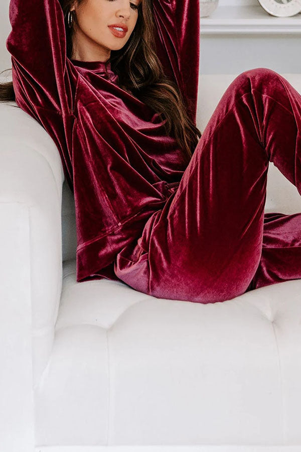 Red Velvet Round Neck Top \u0026 Drawstring Pants Longe Set