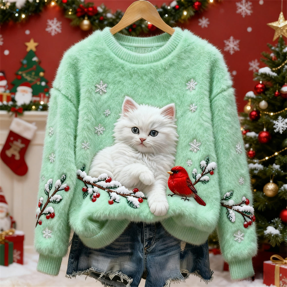 Christmas Cat & Bird Art Women's Flannel Sweater elevenforest