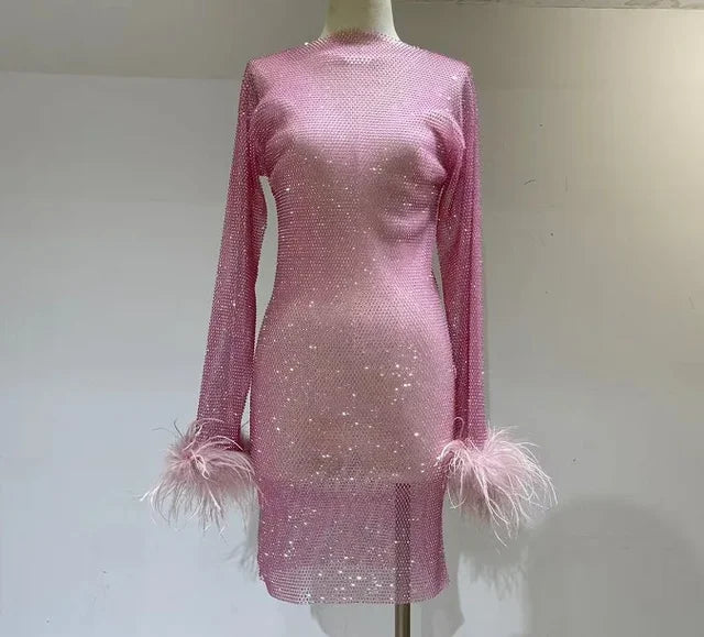 Weave Shiny Rhinestone Mini Dress See Through Cover-up Dresses Loose Club Dress