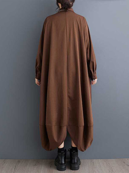 A-line Long Sleeves Buttoned Pockets Color Split-joint Lapel Midi Dresses Shirt Dress