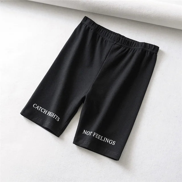 Summer Biker Shorts Elastic Waist Skinny Fitness Korean Letter Print Black Shorts Pantalones Black