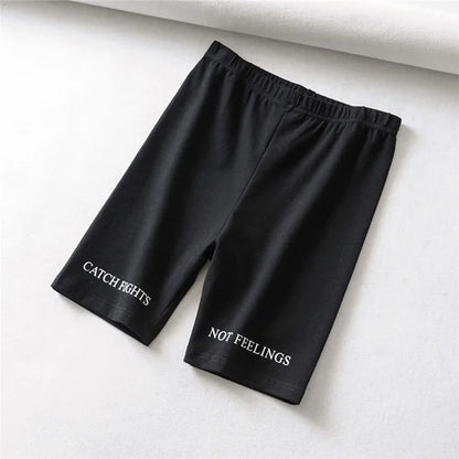 Summer Biker Shorts Elastic Waist Skinny Fitness Korean Letter Print Black Shorts Pantalones Black