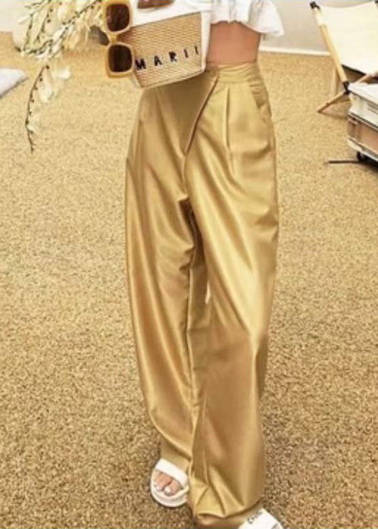 New Gold Button Pockets High Waist Silk Pants Summer Qp001