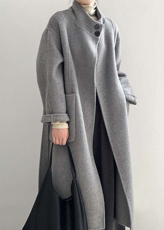 Italian Grey Stand Collar Pockets Tie Waist Woolen Coat Fall Af1099