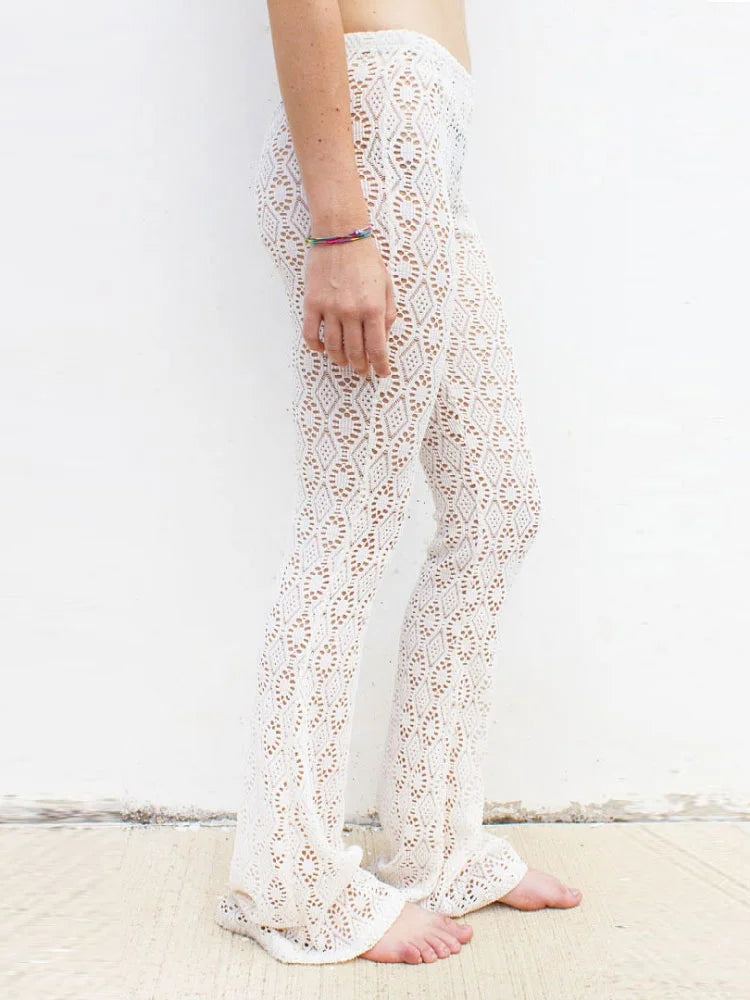 Hollow Out White High Waist ’s Pants Printed See-through Beach Holiday Straight Trousers Y2k Pants