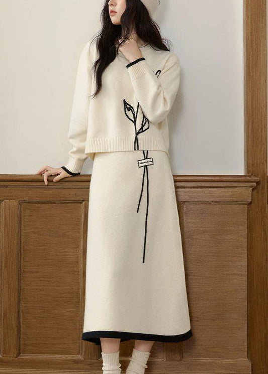 Stylish Beige O Neck Sweaters and Skirts Knit Two Pieces Set Winter Wv012