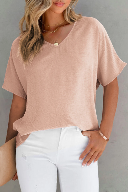 Color V Neck Short Sleeve Blouse