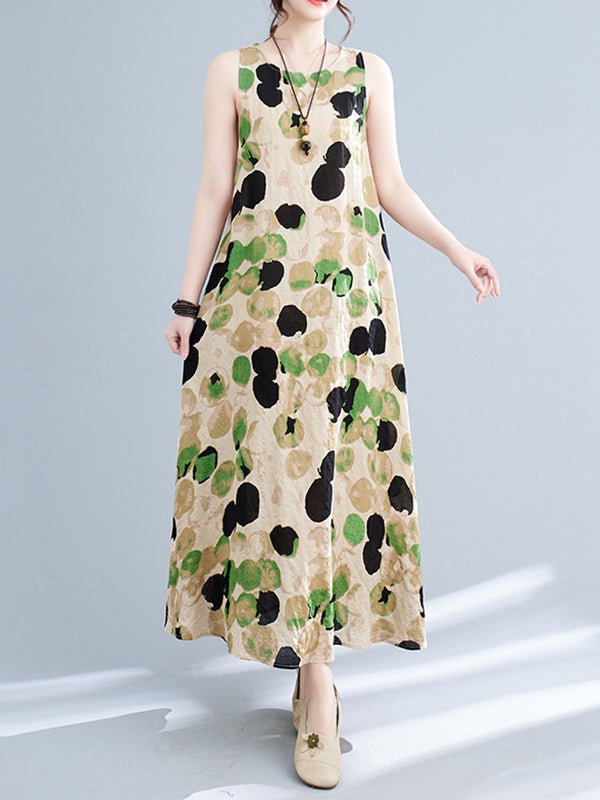 Loose Sleeveless Printed Split-joint Round-neck Maxi Dresses
