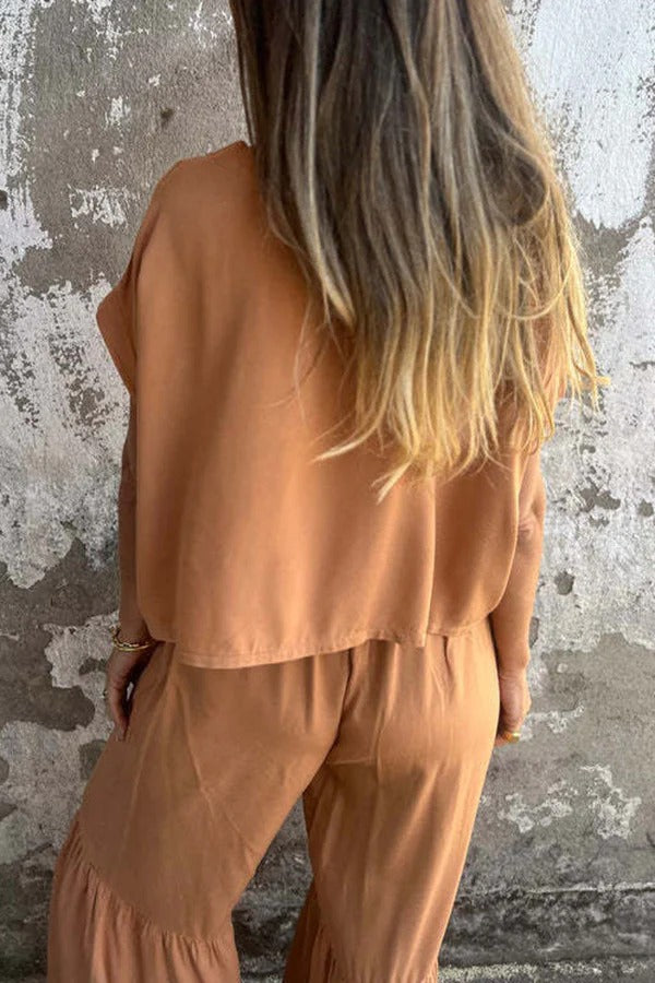 Color Crew Neck Short-sleeved Top and Elastic Waist Tie Pocket Wide Leg Pants Set