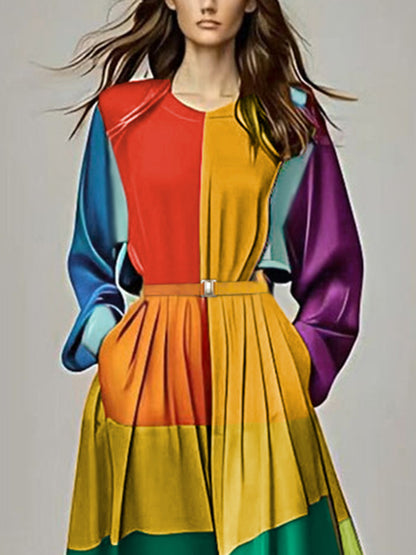 Long Sleeves Loose Colorful Striped Round-neck Maxi Dresses