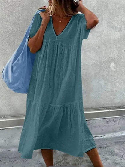 Color Cotton Linen Midi Dresses V-neck Short Sleeves Loose Dress Simple Style Lady Commuting Vestidos