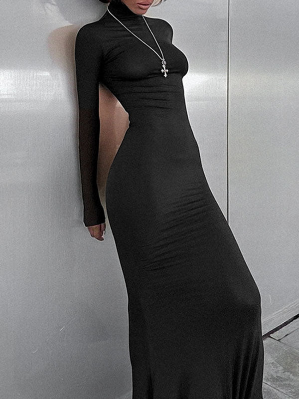 Bodycon Long Sleeves Color Split-joint High Neck Maxi Dresses