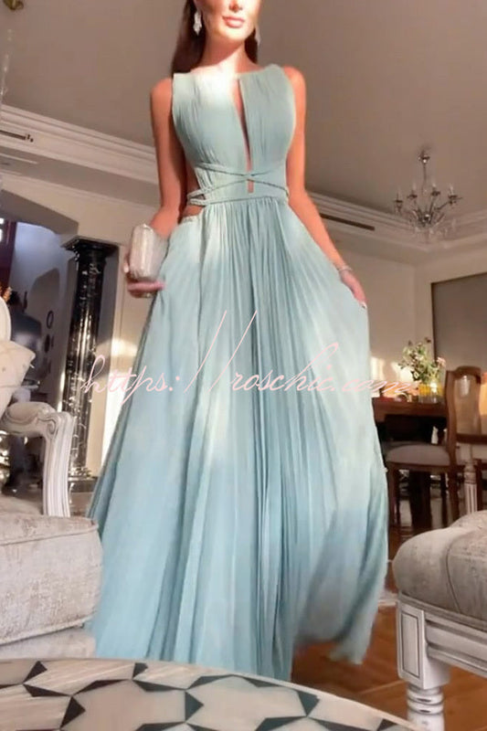 Sleeveless Open Back Cord Pleated Maxi Dress