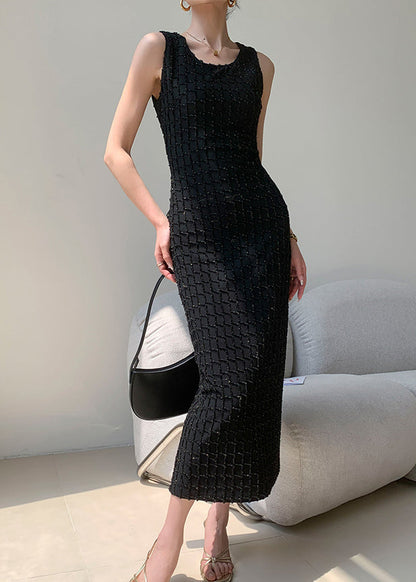 New Black O Neck High Waist Cotton Long Dress Sleeveless Ee063