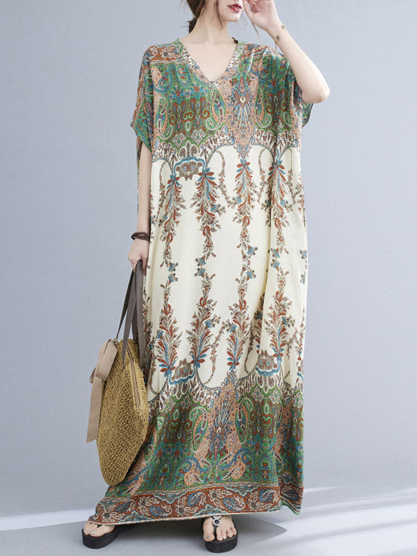 Printed V-neck Batwing Sleeves H-line Maxi Dress