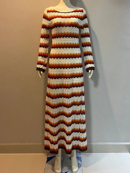 Striped Contrast Knit Maxi Dress Hollow Out Long Sleeve Cover Up Summer Loose Dress High Waist Dress