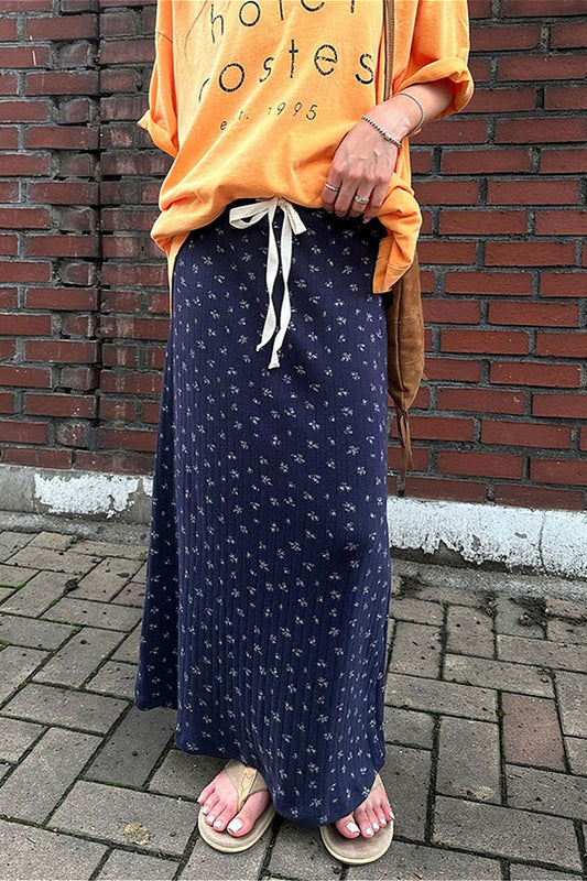 Drawstring Print Navy Skirt