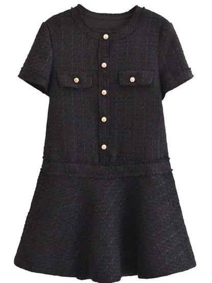 1960s London Girl Tweed Textured Gold Button Short Sleeve Pocketed Mini Dress