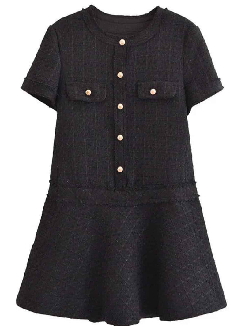 1960s London Girl Tweed Textured Gold Button Short Sleeve Pocketed Mini Dress