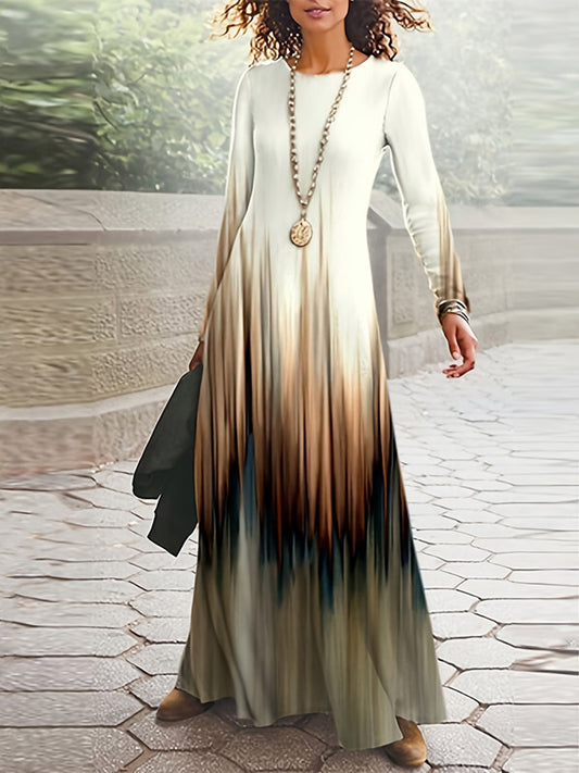 A-line High Waisted Printed Round-neck Maxi Dresses