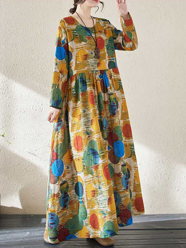 A-line Long Sleeves Pleated Polka-dot Split-joint Round-neck Maxi Dresses
