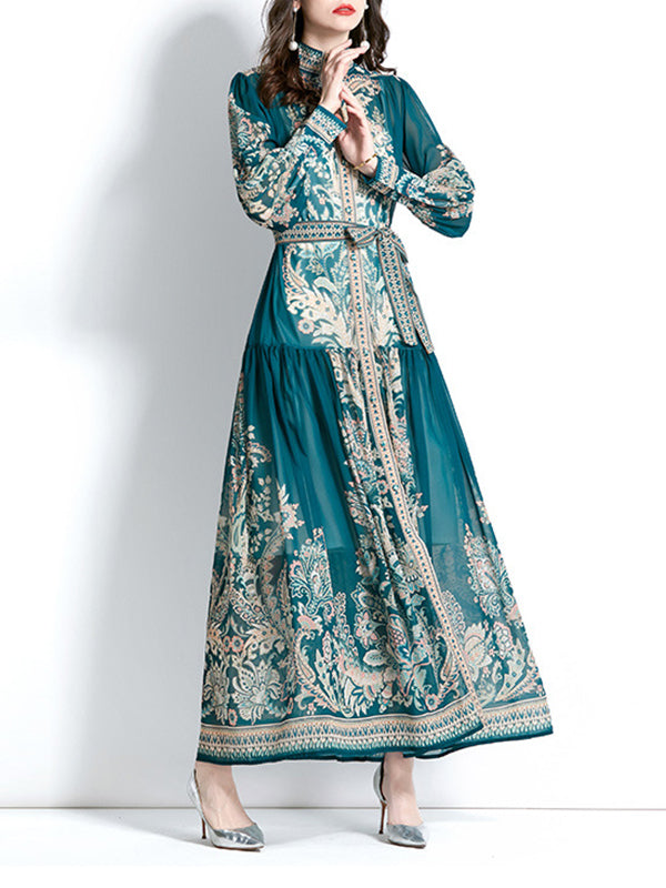 A-line Puff Sleeves Printed See-through Tied Waist Stand Collar Maxi Dresses