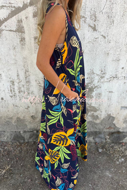 Botanical Print V-neck Pocket Loose Maxi Dress