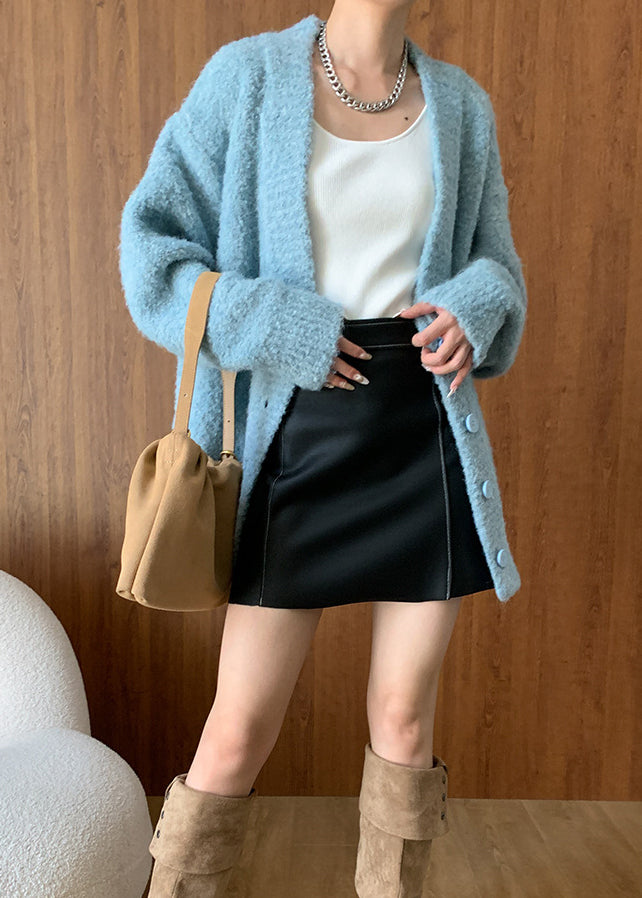 Blue V Neck Button Woolen Cardigans Fall Wd005