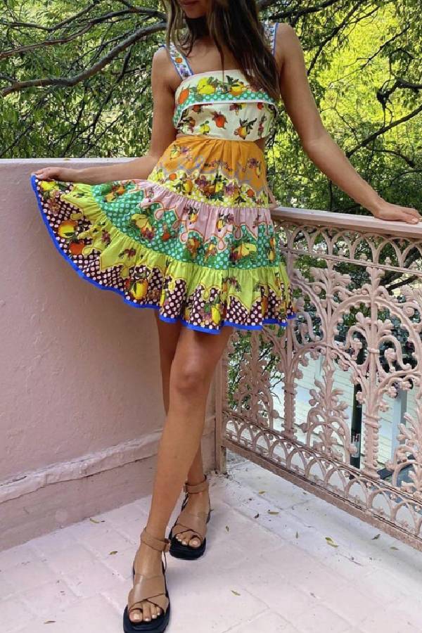 Summer Multicolorlemon Preated Hem Mini Dress