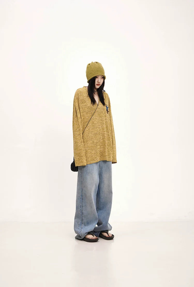 Mustard Yellow Knit Sweater With Star Patch