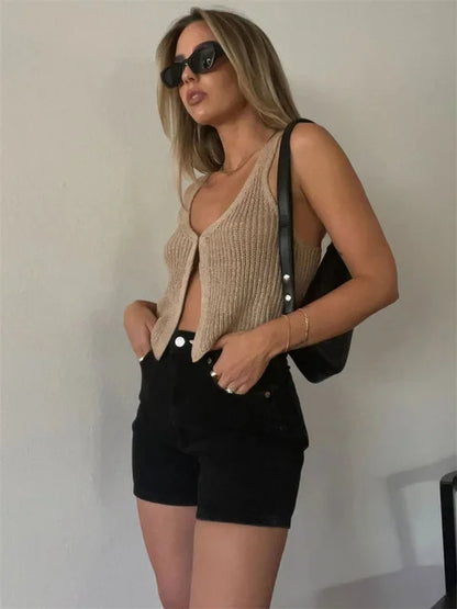 Backless Knit Slim Cardigan Y2k Top for Sleeveless Knitwear Coat Tank Top Patchwork Cardigan