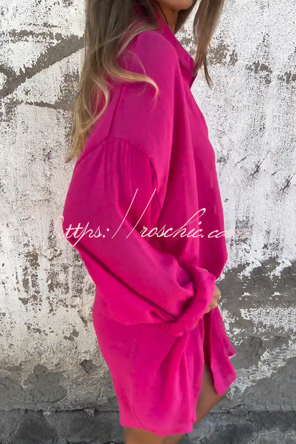 Color Lapel Long Shirt and Elastic Waist Loose Pocket Shorts Set