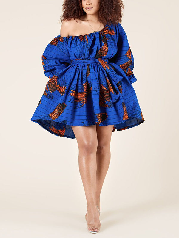 High Waisted Loose Elasticity Printed Tied Waist One-shoulder Mini Dresses