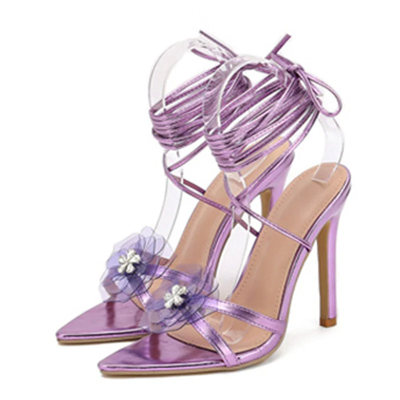 Liyke Purple Crystal Flower Strappy Heels – ’s Summer Sandal