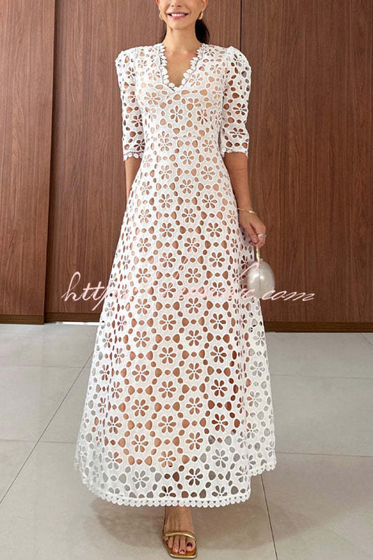 Best Day Ever Crochet Lace Puff Sleeve Lined Maxi Dress