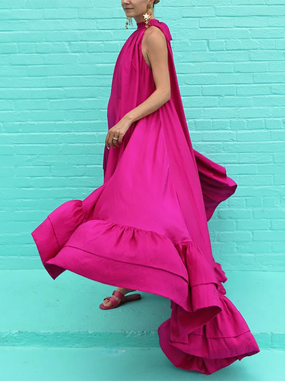 Loose Sleeveless Falbala Color Stand Collar Maxi Dresses