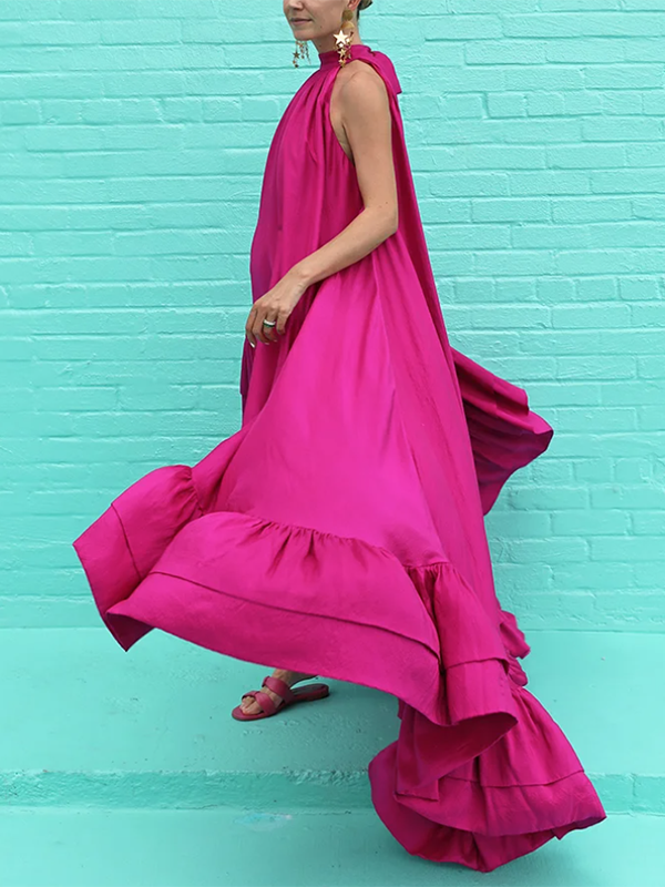 Loose Sleeveless Falbala Color Stand Collar Maxi Dresses