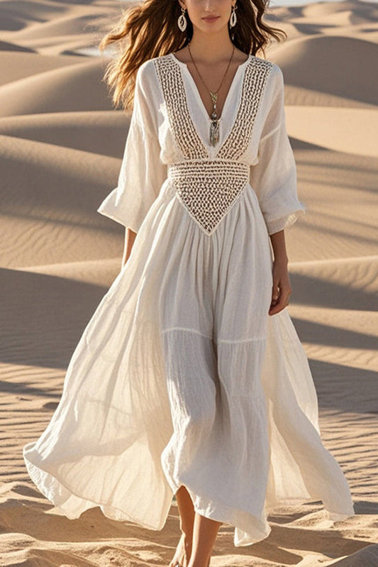 Hollow V-neck Full Hem Holiday Style Midi Dress