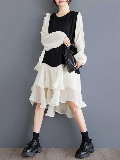 High-low Long Sleeves Contrast Color Ruffle Trim Split-joint Round-neck Midi Dresses