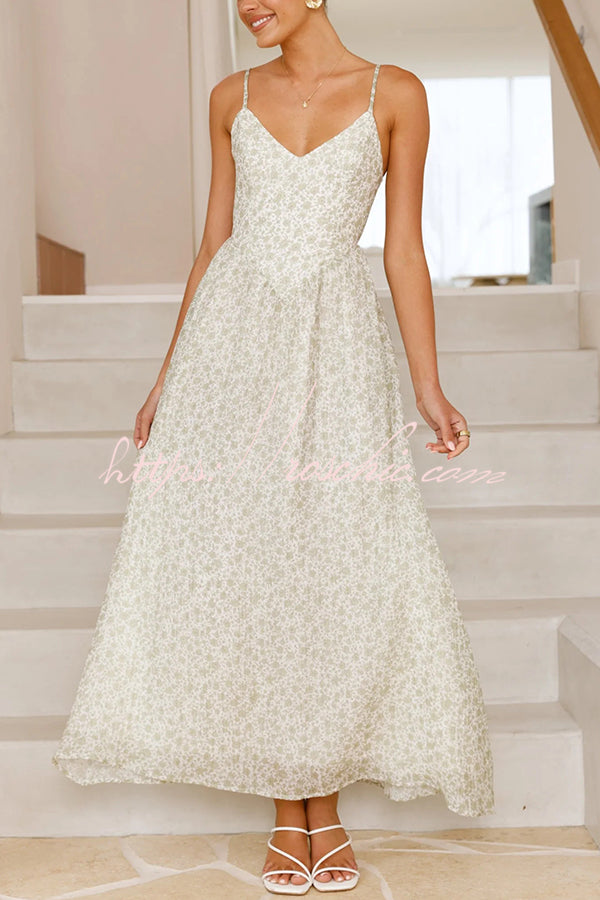 Print V-neck Sleeveless Back Tie Pocket Maxi Dress