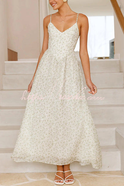 Print V-neck Sleeveless Back Tie Pocket Maxi Dress